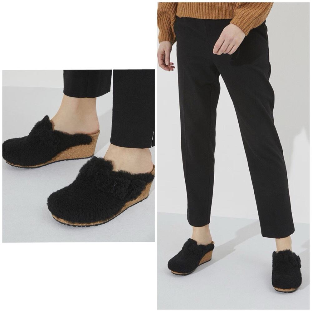 Birkenstock Papillion Black Shearling Cork Wedge Clog Mule EU 38 US 7 Wm’s NWT - Picture 7 of 12